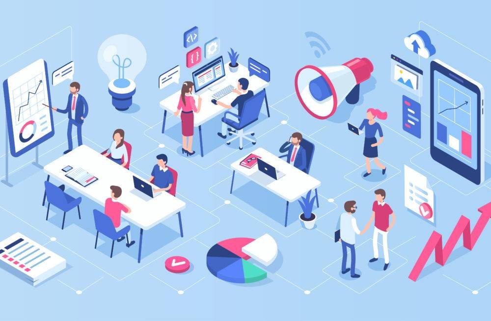 Isometric illustration of an office with people, charts and digital learning icons