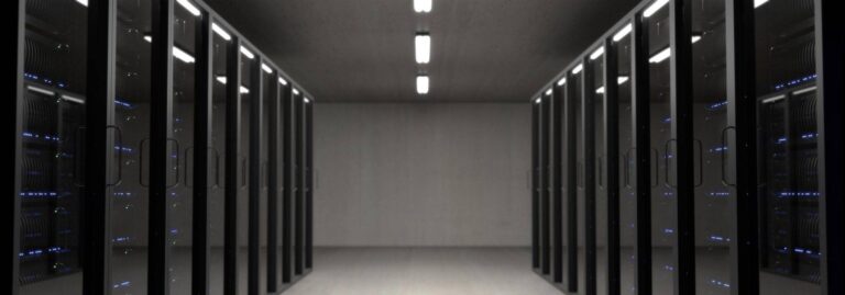 Long aisle of server racks in a data center