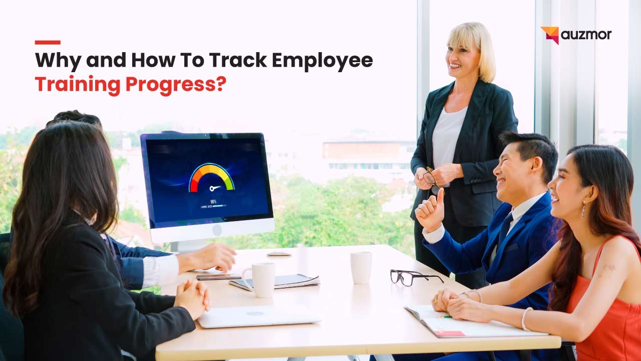 Team in a meeting room looking at a progress gauge on a monitor, with the title Why and How To Track Employee Training Progress?