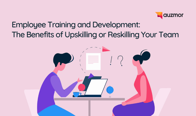 Illustration of two people learning together at a laptop, with the title Employee Training and Development: The Benefits of Upskilling or Reskilling Your Team