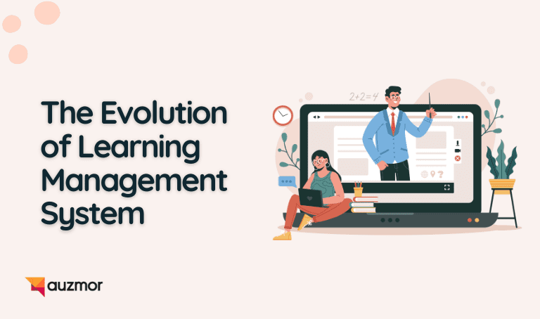 Illustration of a learner at a laptop showing an online course, with the title The Evolution of Learning Management System