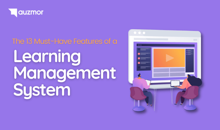 Illustration of a learner watching a video lesson, with the title The 13 Must-Have Features of a Learning Management System