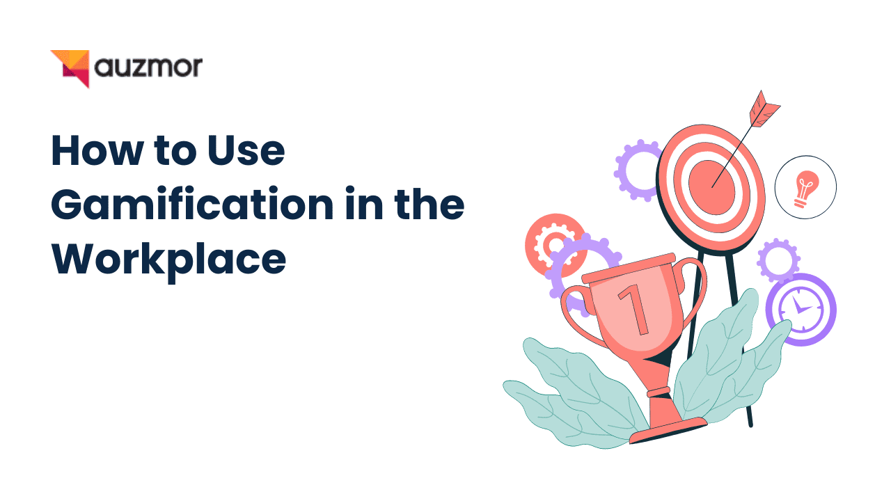 Illustration of a trophy, target and gears, with the title How to Use Gamification in the Workplace