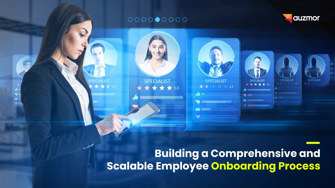 Woman with a tablet browsing digital employee profile cards, with the title Building a Comprehensive and Scalable Employee Onboarding Process