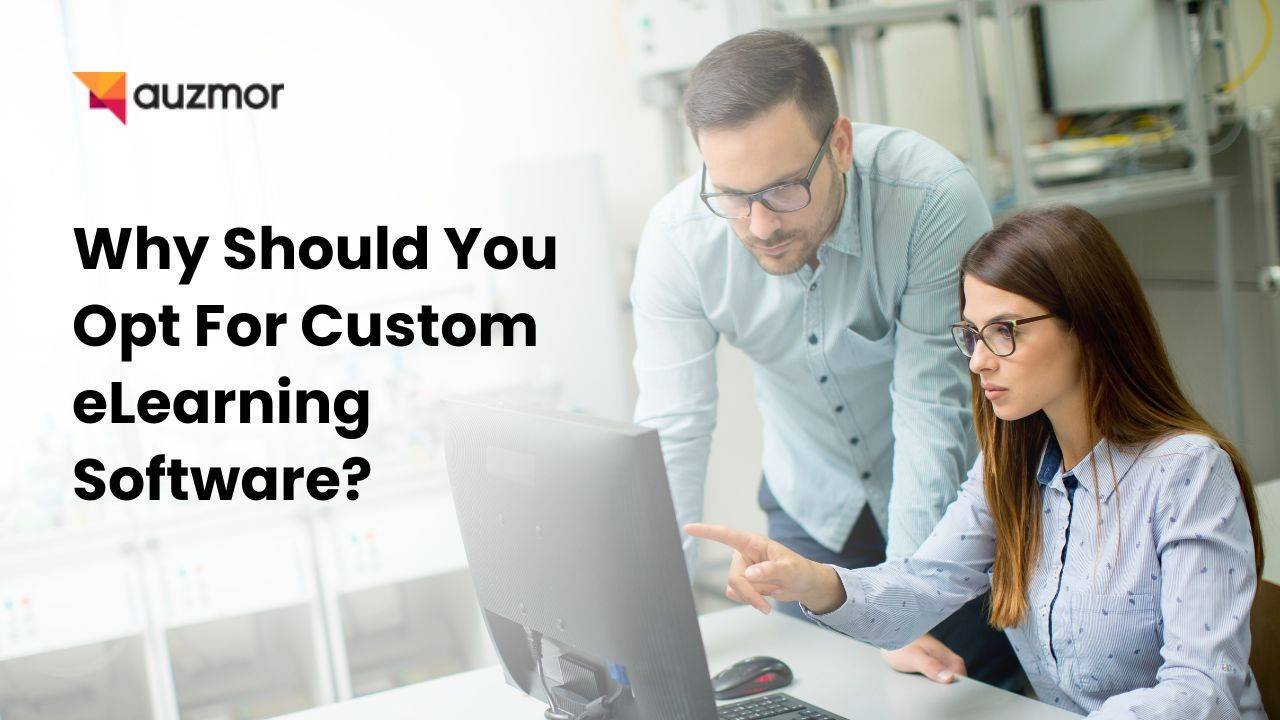 Two colleagues looking at a computer screen, with the title Why Should You Opt For Custom eLearning Software?