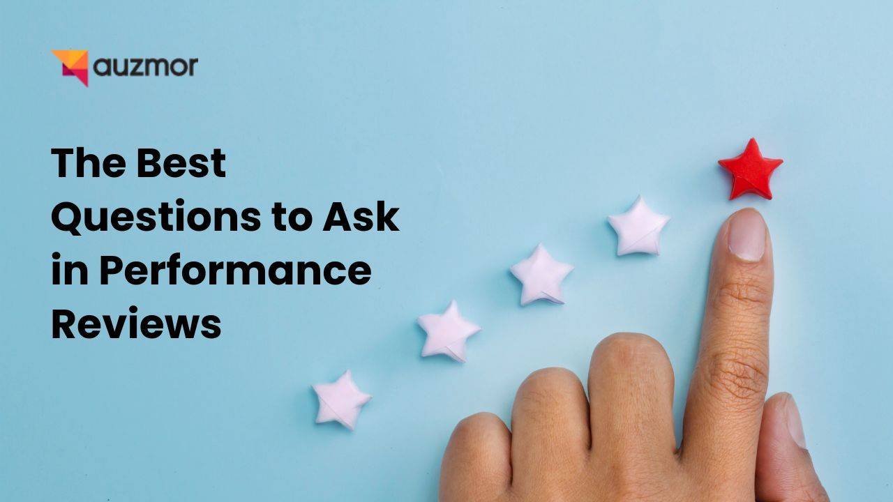 Finger touching a row of rating stars, with the title The Best Questions to Ask in Performance Reviews