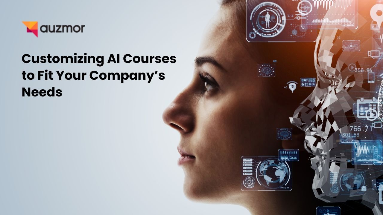 Profile of a woman's face blending into digital AI graphics, with the title Customizing AI Courses to Fit Your Company's Needs