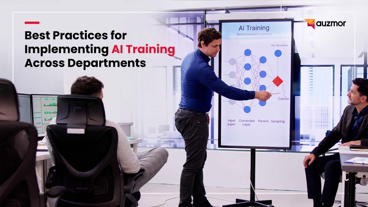 Presenter explaining an AI training diagram on a flip chart, with the title Best Practices for Implementing AI Training Across Departments
