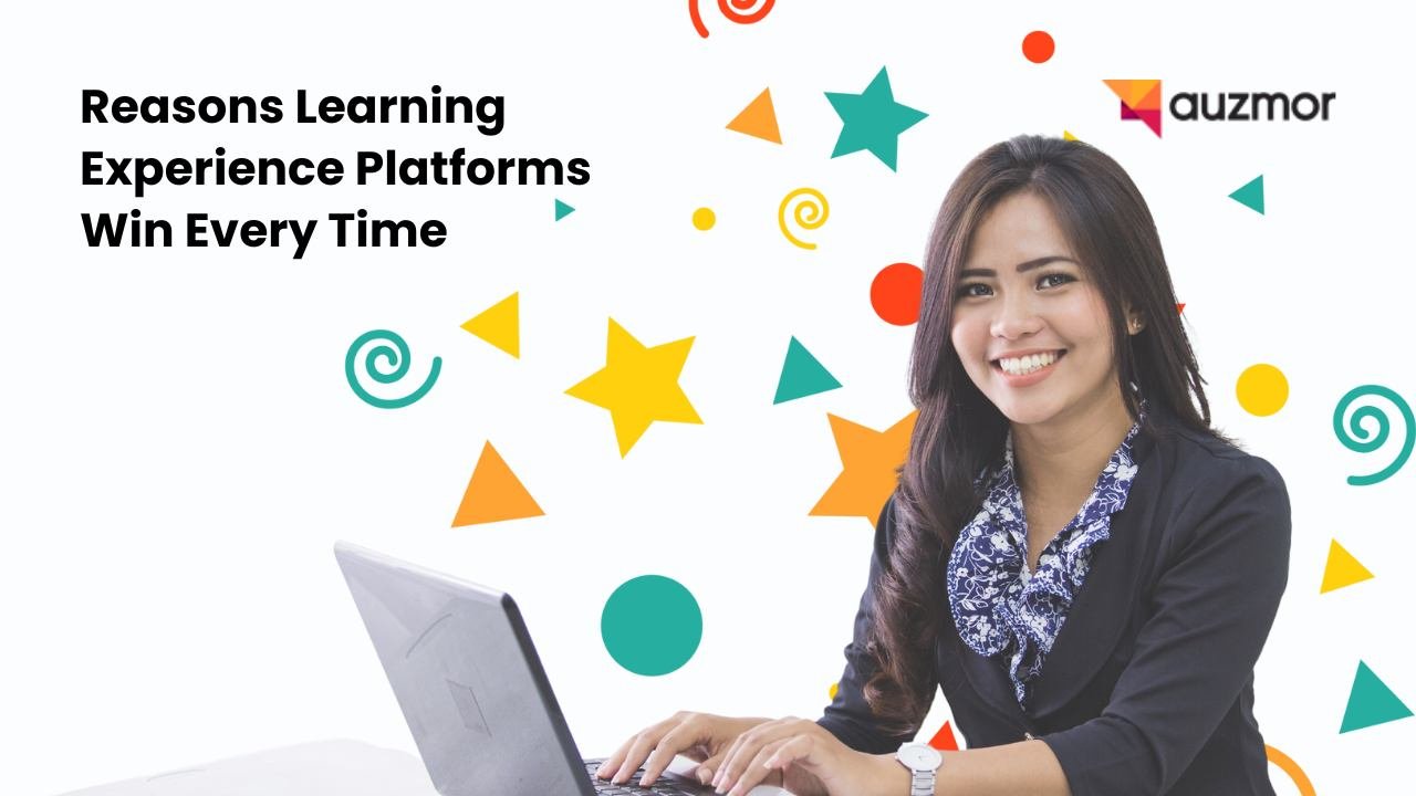 Smiling woman at a laptop among colourful shapes, with the title Reasons Learning Experience Platforms Win Every Time