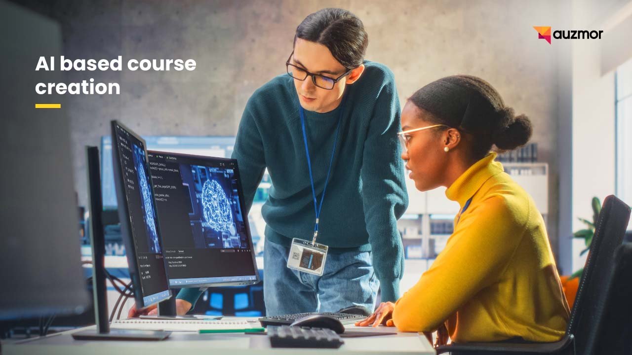 Two colleagues working on a course at computer monitors, with the title AI based course creation