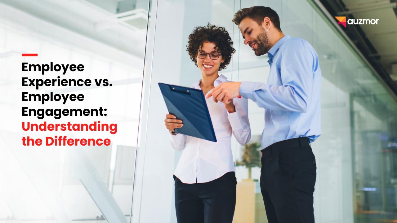 Two colleagues reviewing a clipboard, with the title Employee Experience vs. Employee Engagement: Understanding the Difference