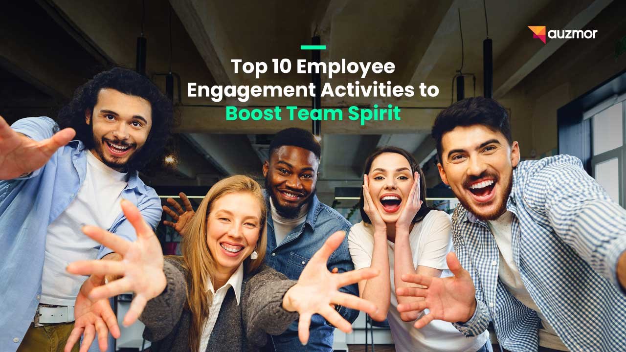 Excited coworkers taking a group selfie, with the title Top 10 Employee Engagement Activities to Boost Team Spirit