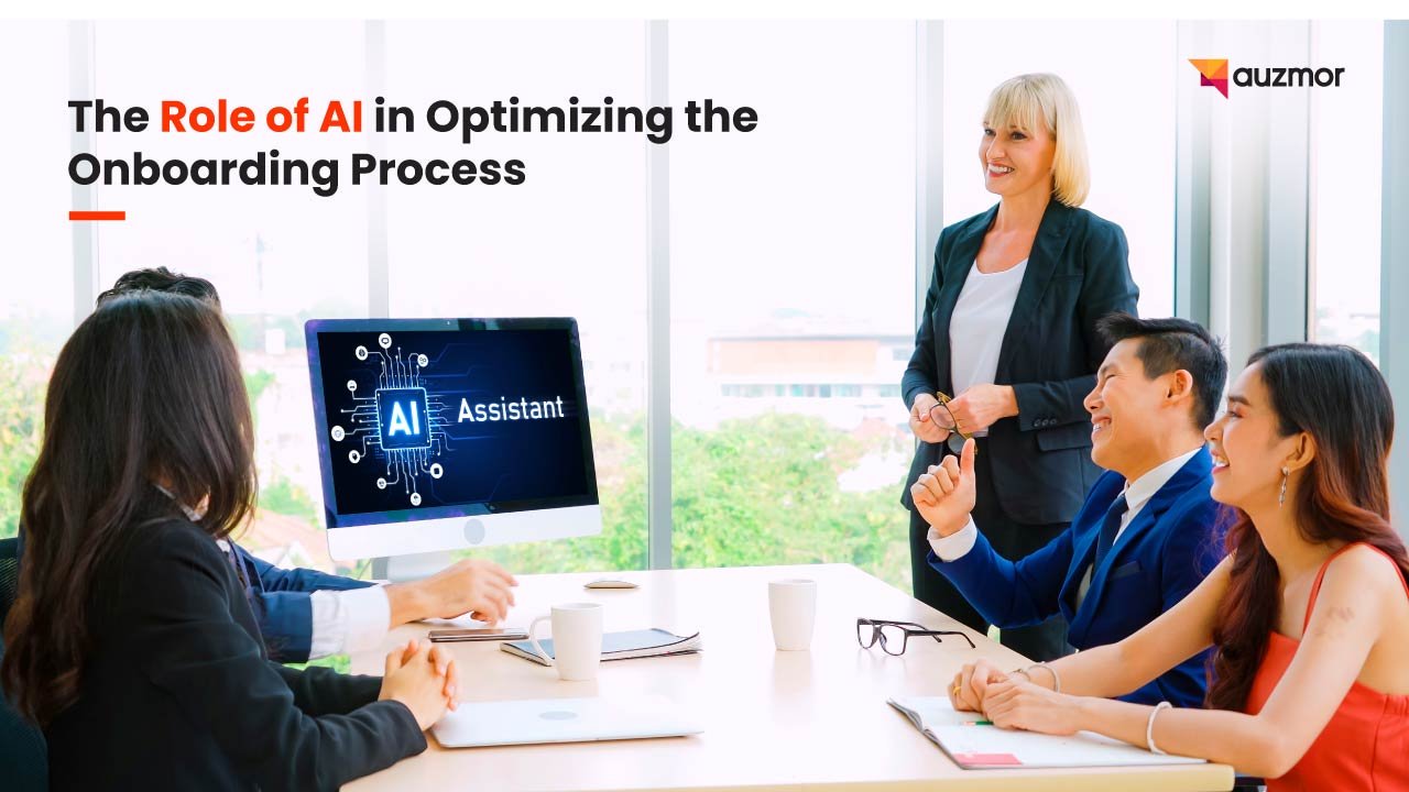 Team meeting with an AI assistant on a monitor, with the title The Role of AI in Optimizing the Onboarding Process