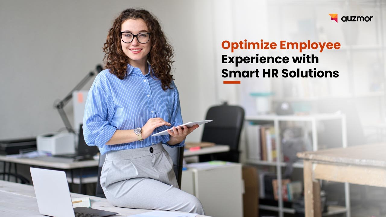 Smiling woman with a tablet in an office, with the title Optimize Employee Experience with Smart HR Solutions