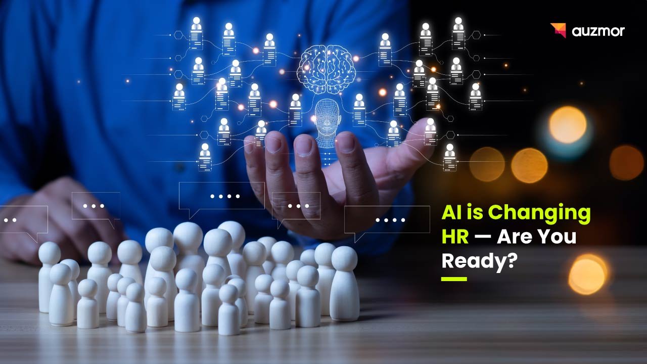 Hand holding a glowing network of people above wooden figures, with the title AI is Changing HR, Are You Ready?