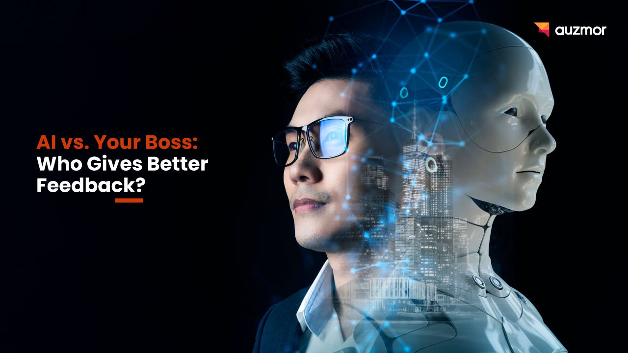 Man in glasses facing a humanoid robot, with the title AI vs. Your Boss: Who Gives Better Feedback?