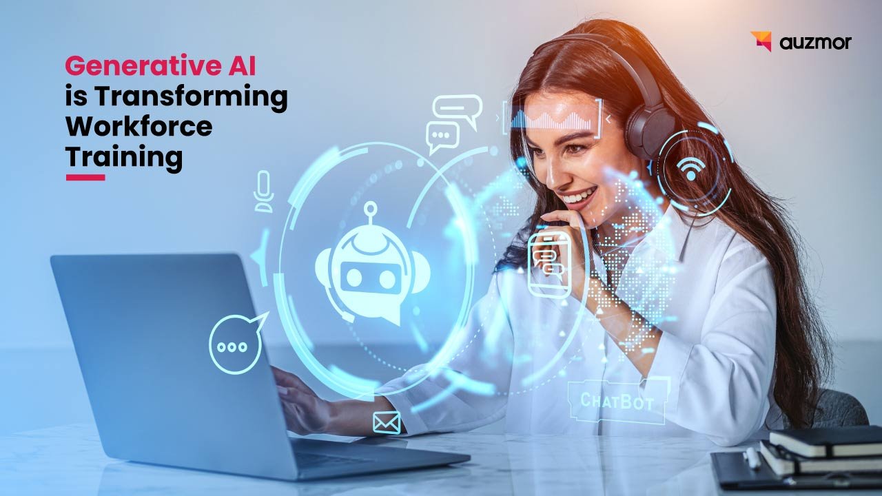 Woman with a headset beside a holographic AI chatbot, with the title Generative AI is Transforming Workforce Training