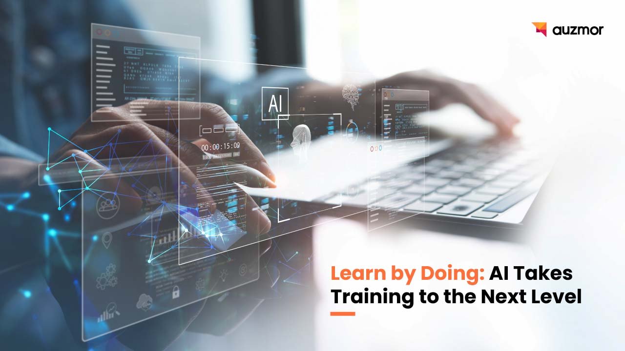Hands typing on a keyboard under holographic screens, with the title Learn by Doing: AI Takes Training to the Next Level