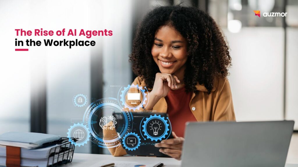 Smiling woman at a laptop with digital gear icons, with the title The Rise of AI Agents in the Workplace