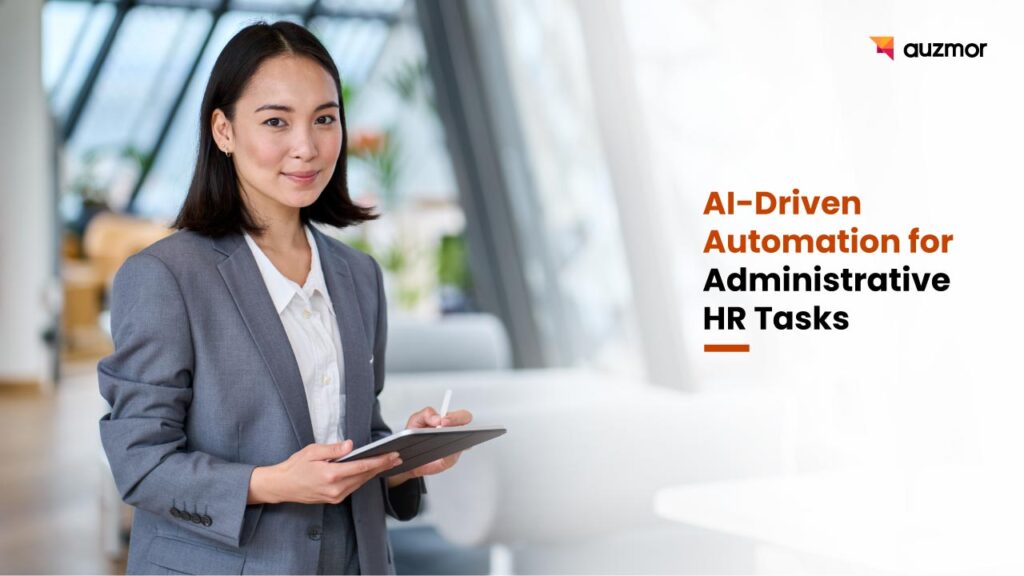 Smiling woman holding a tablet, with the title AI-Driven Automation for Administrative HR Tasks