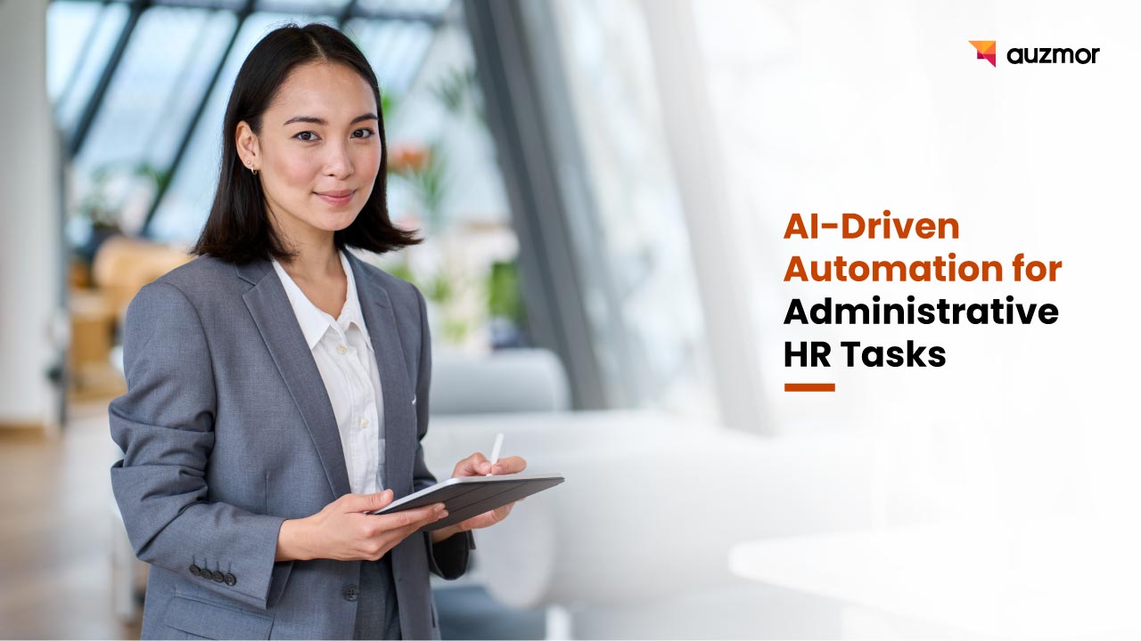 Smiling woman holding a tablet, with the title AI-Driven Automation for Administrative HR Tasks