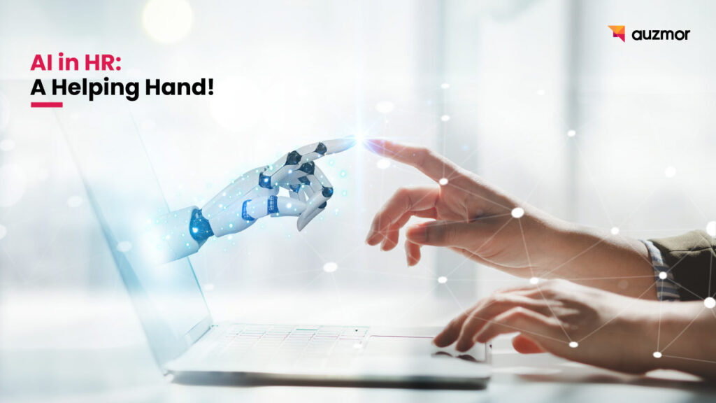 Robotic hand reaching toward a human hand at a laptop, with the title AI in HR: A Helping Hand