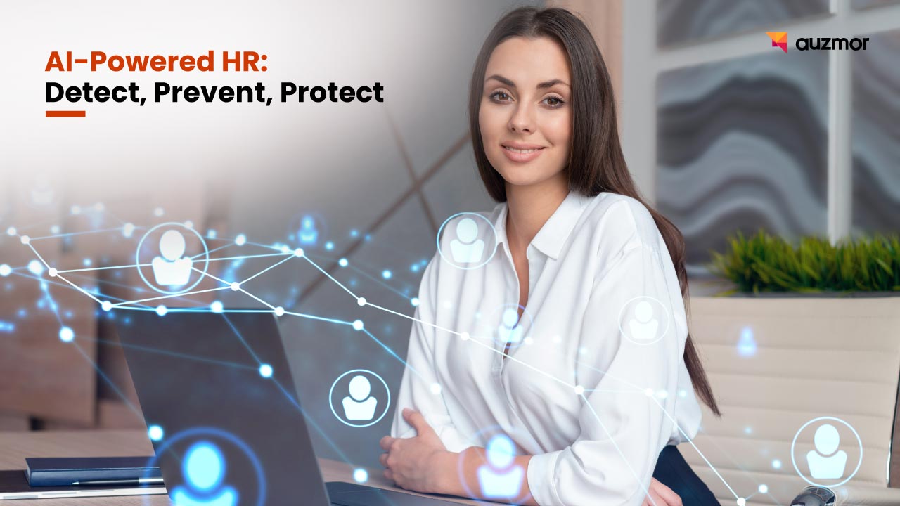 Woman at a desk with network icons around her, with the title AI-Powered HR: Detect, Prevent, Protect