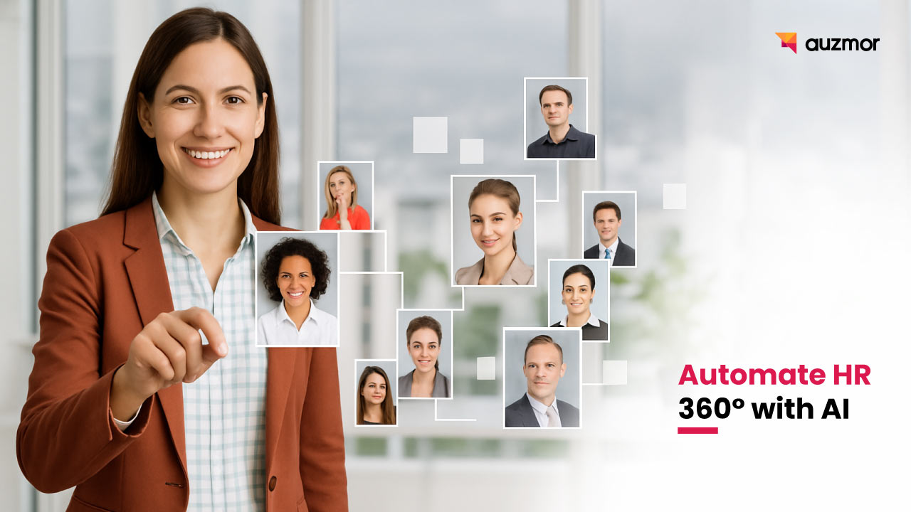 Woman selecting employee profile photos on a screen, with the title Automate HR 360 with AI