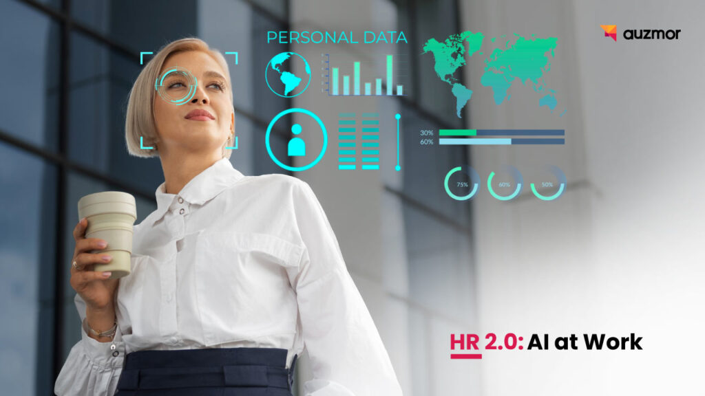 Woman with coffee beside holographic personal data charts, with the title HR 2.0: AI at Work