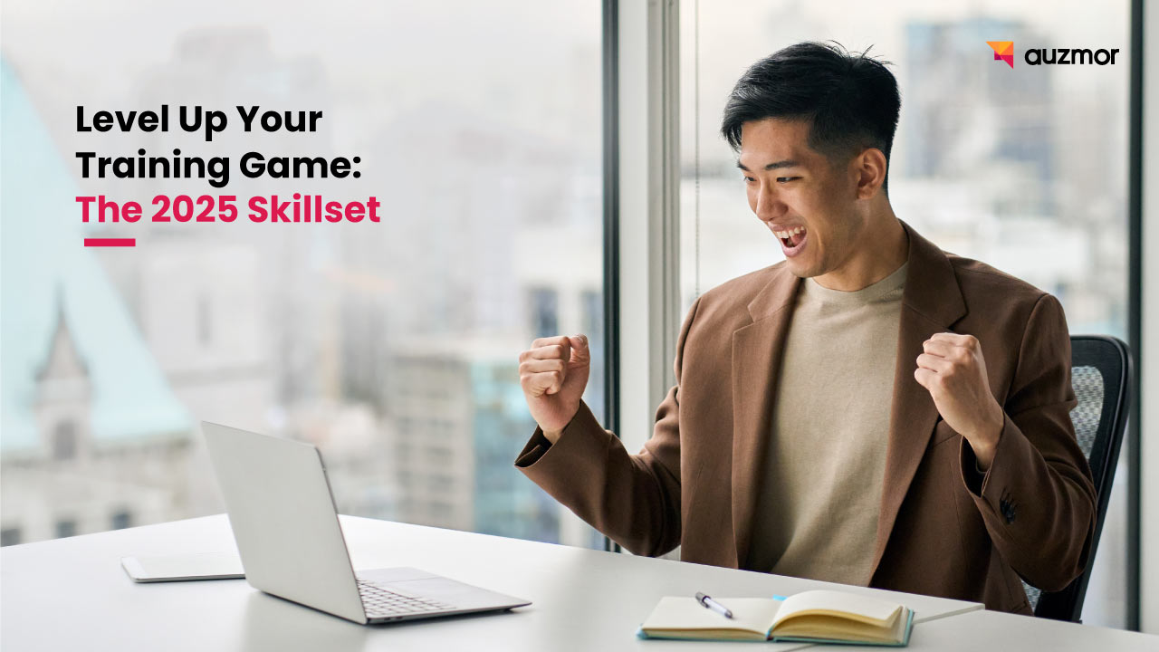 Man celebrating at a laptop, with the title Level Up Your Training Game: The 2025 Skillset