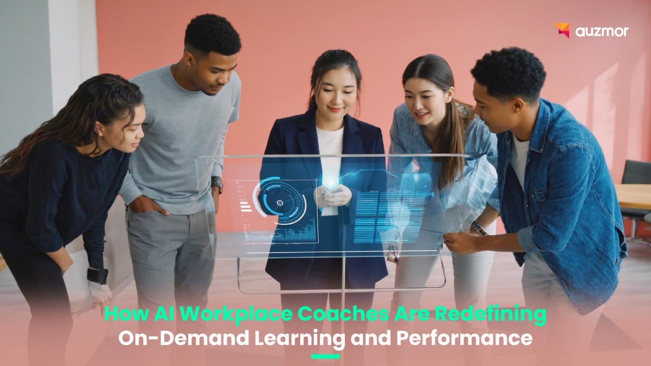 Team gathered around a holographic display, with the title How AI Workplace Coaches Are Redefining On-Demand Learning and Performance