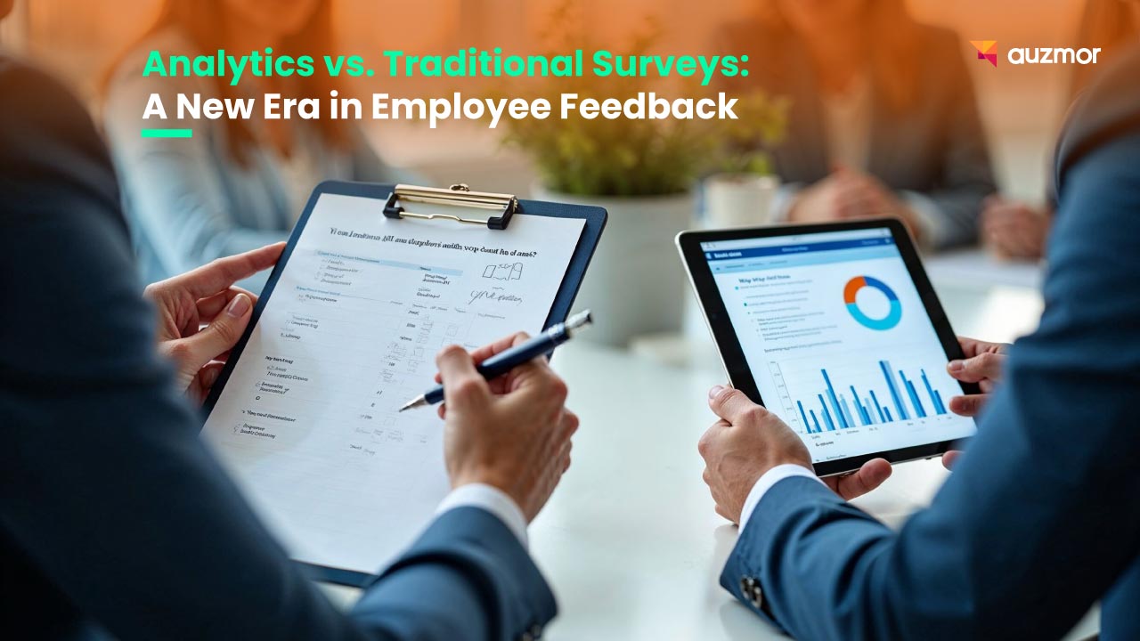 Hands filling in a paper survey next to a tablet of charts, with the title Analytics vs. Traditional Surveys: A New Era in Employee Feedback