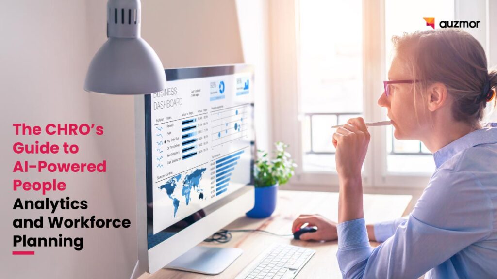 Woman at a computer showing an HR analytics dashboard, with the title The CHRO's Guide to AI-Powered People Analytics and Workforce Planning