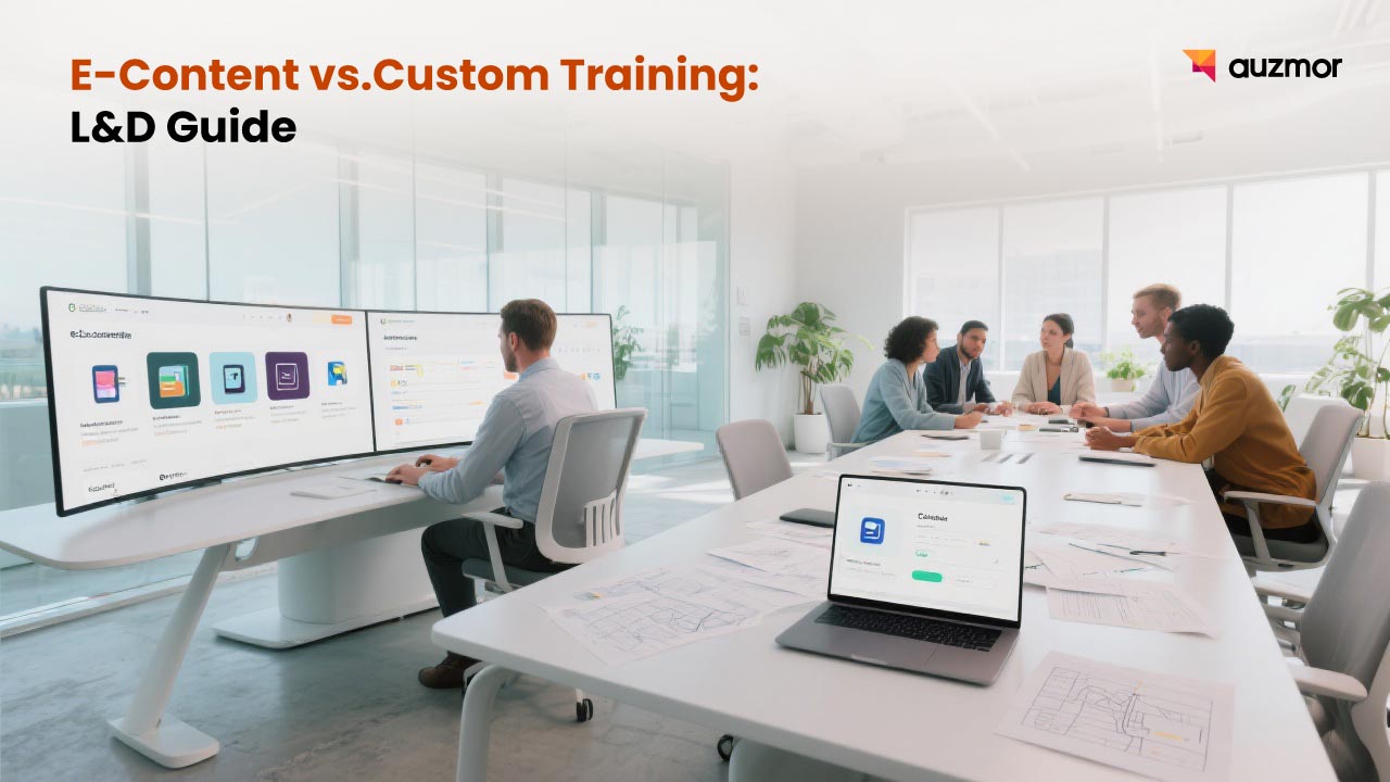Open office with large monitors, with the title E-Content vs. Custom Training: L&D Guide