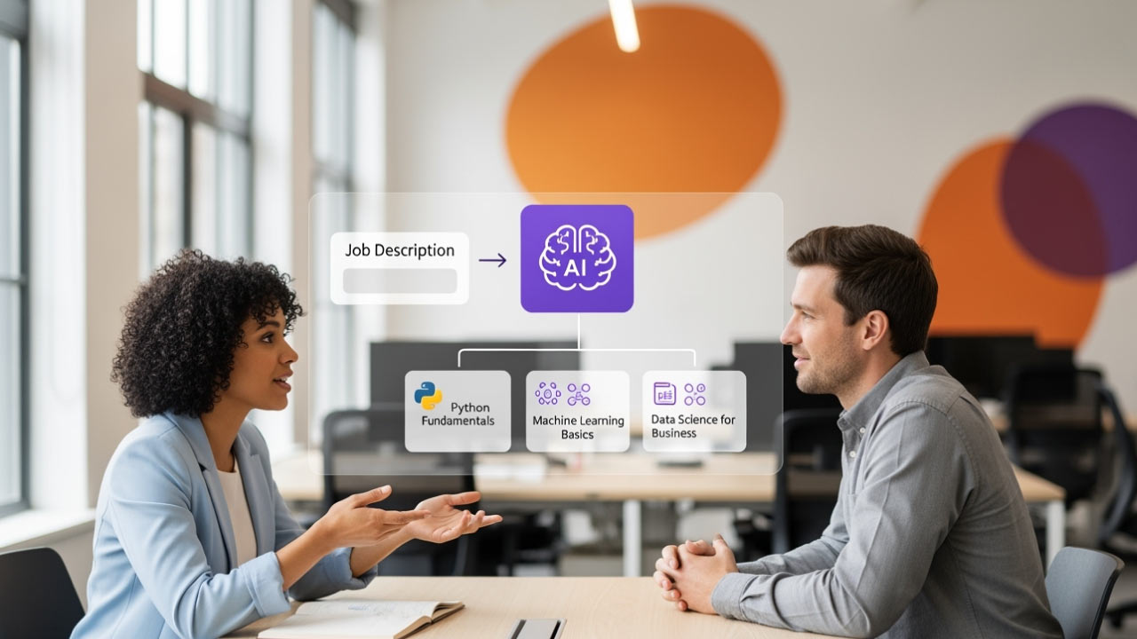 Two colleagues at a table beside an AI agent turning a job description into course paths