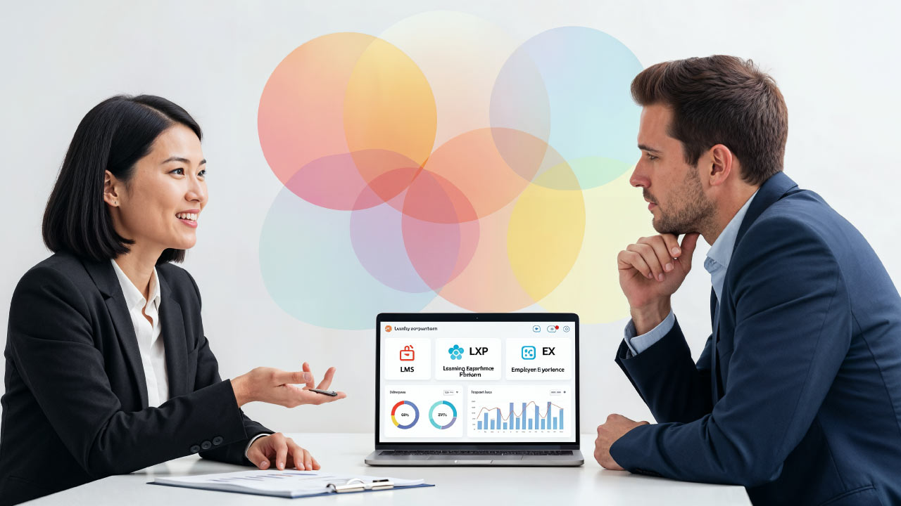 Two colleagues discussing a laptop that shows LMS, LXP and EX dashboards