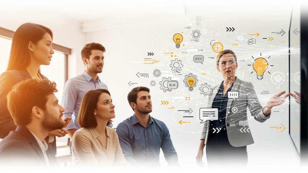 Woman presenting ideas on a whiteboard of AI icons to an engaged team