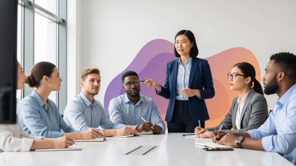 Trainer presenting to a team seated around a meeting table