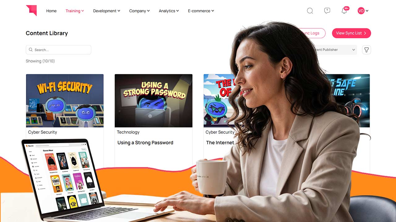Smiling woman with coffee at a laptop showing an e-content library of security training courses