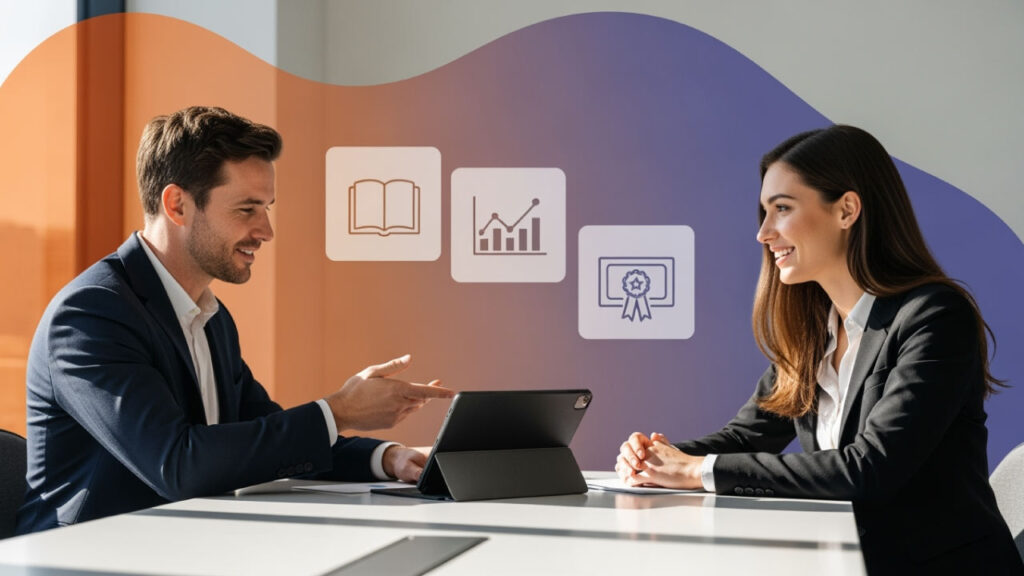 Two colleagues talking at a table with tablet and learning icons on the wall behind them