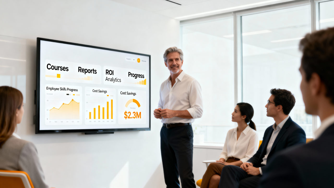 Presenter showing courses, reports and ROI analytics on a large screen to a team