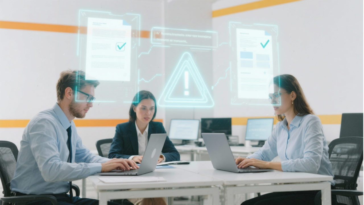 Office team on laptops with holographic documents and a warning sign for compliance violations