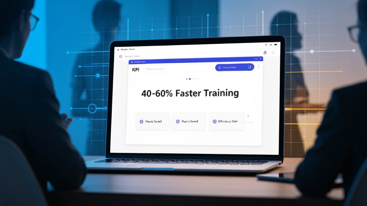 Laptop on a desk showing a dashboard with 40-60% faster training