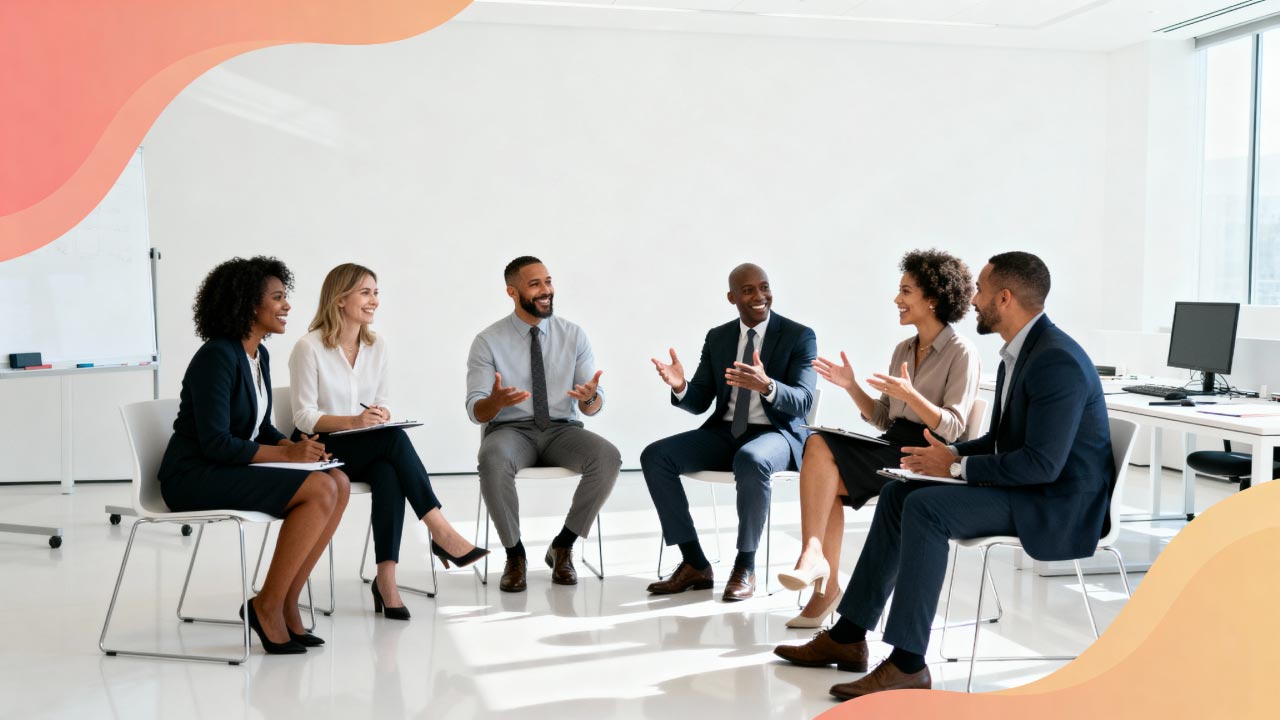 Group of colleagues sitting in a circle during a communication skills workshop