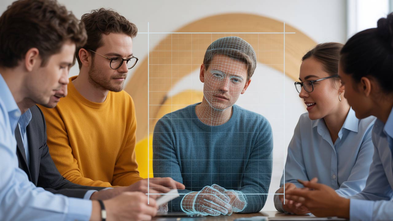 Team at a meeting table while a face-scanning overlay highlights one employee