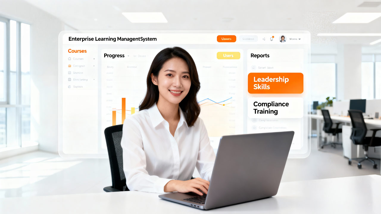 Smiling woman on a laptop showing an enterprise learning management system with courses and reports
