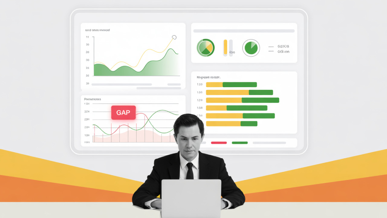 Man at a laptop below a dashboard of skill trend charts with a highlighted skills gap