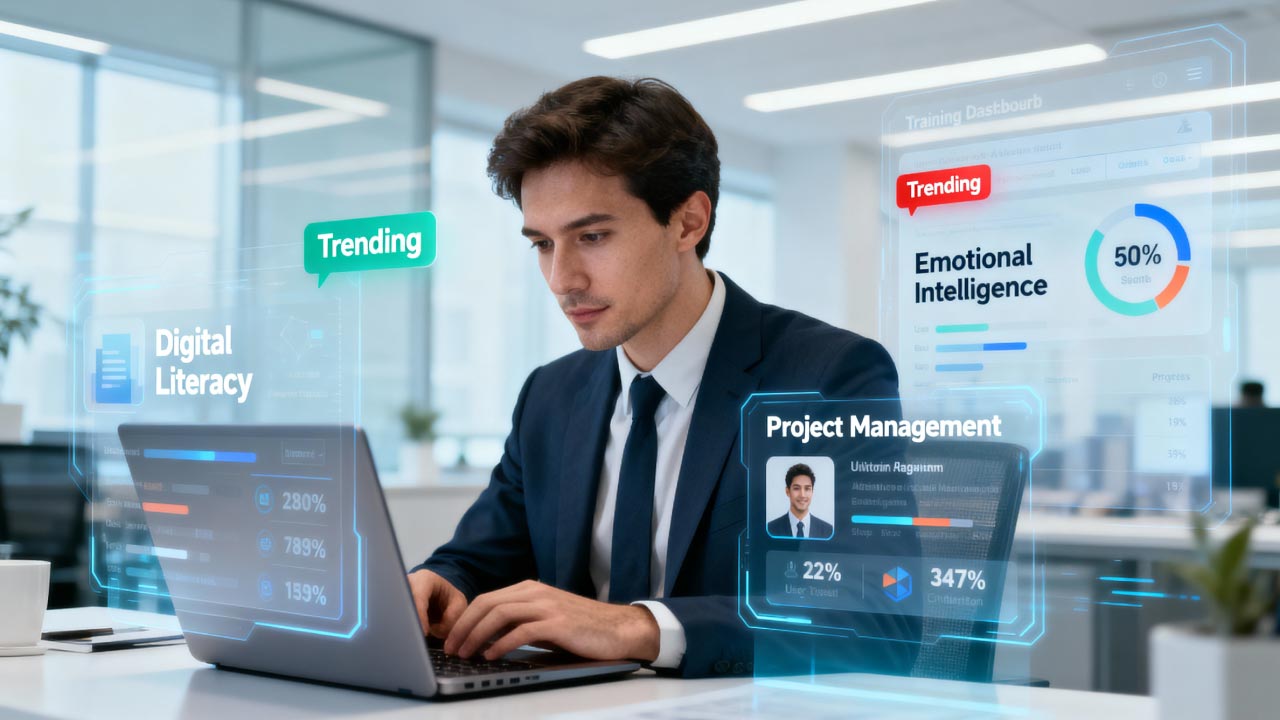 Man on a laptop surrounded by trending topics: digital literacy, emotional intelligence and project management