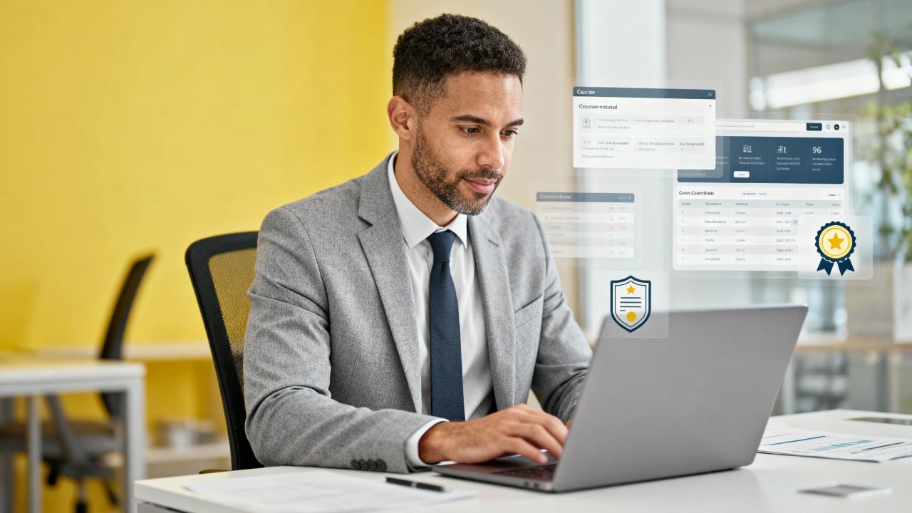 Man in a suit working on a laptop with floating online course and certificate panels