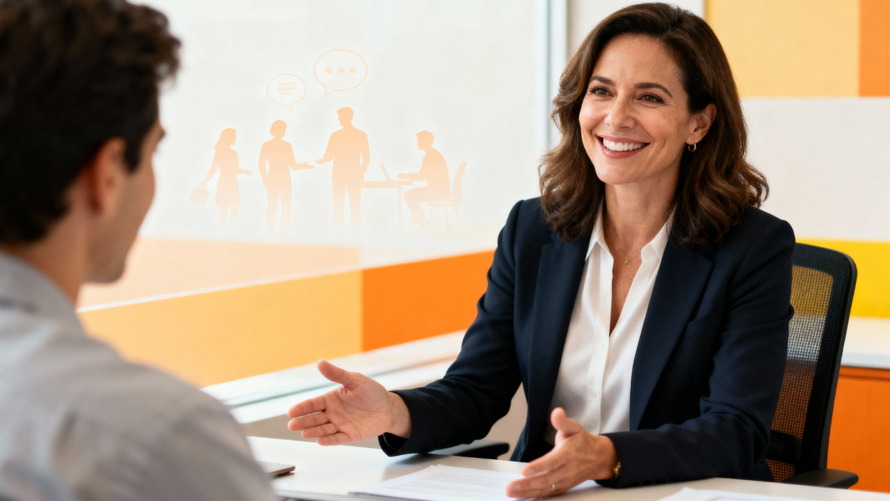 Smiling woman talking with a colleague across a desk during a soft-skills coaching session